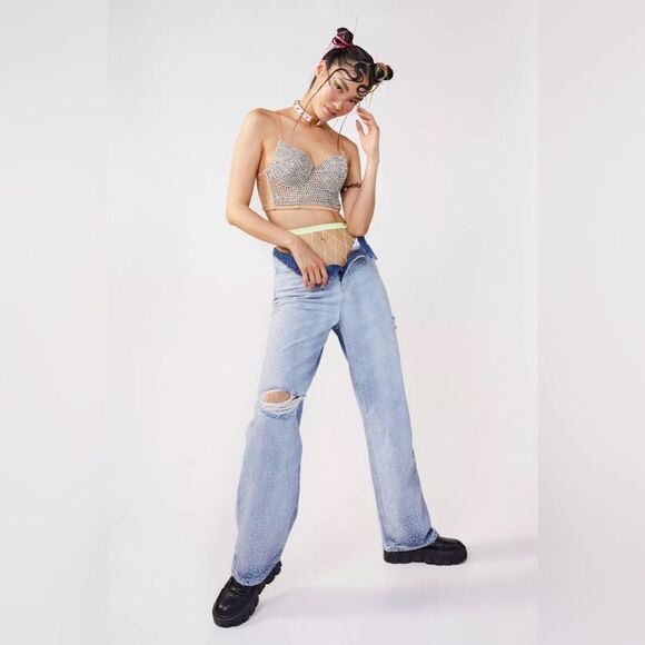 Nasty Gal Embellished Diamante Wide Leg Baggy Denim Jeans Light Wash Size 4 NWT - Picture 1 of 7